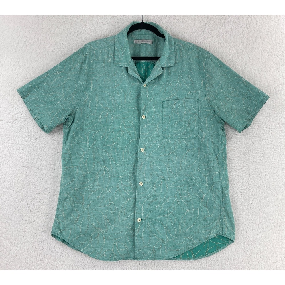 Outerknown Shirt Mens L Green Palm Print Short Sleeve Button Up Hawaiian Resort